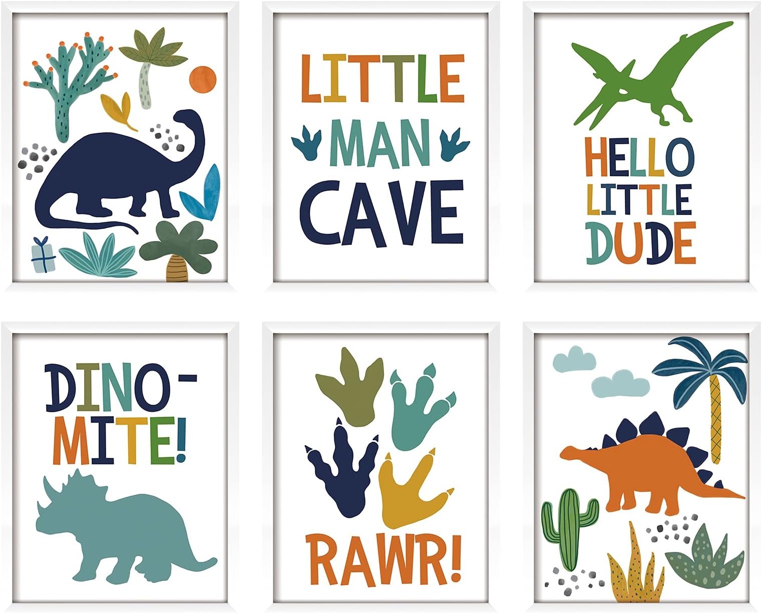 ArtbyHannah 6 Pack 8x10 Inch Framed Nursery Wall Art Decor with White Picture Frames and Decorative Watercolor Dinosaurs Art Prints for Kids Room, Playroom, Nursery Room Decoration, Dino Room Decor