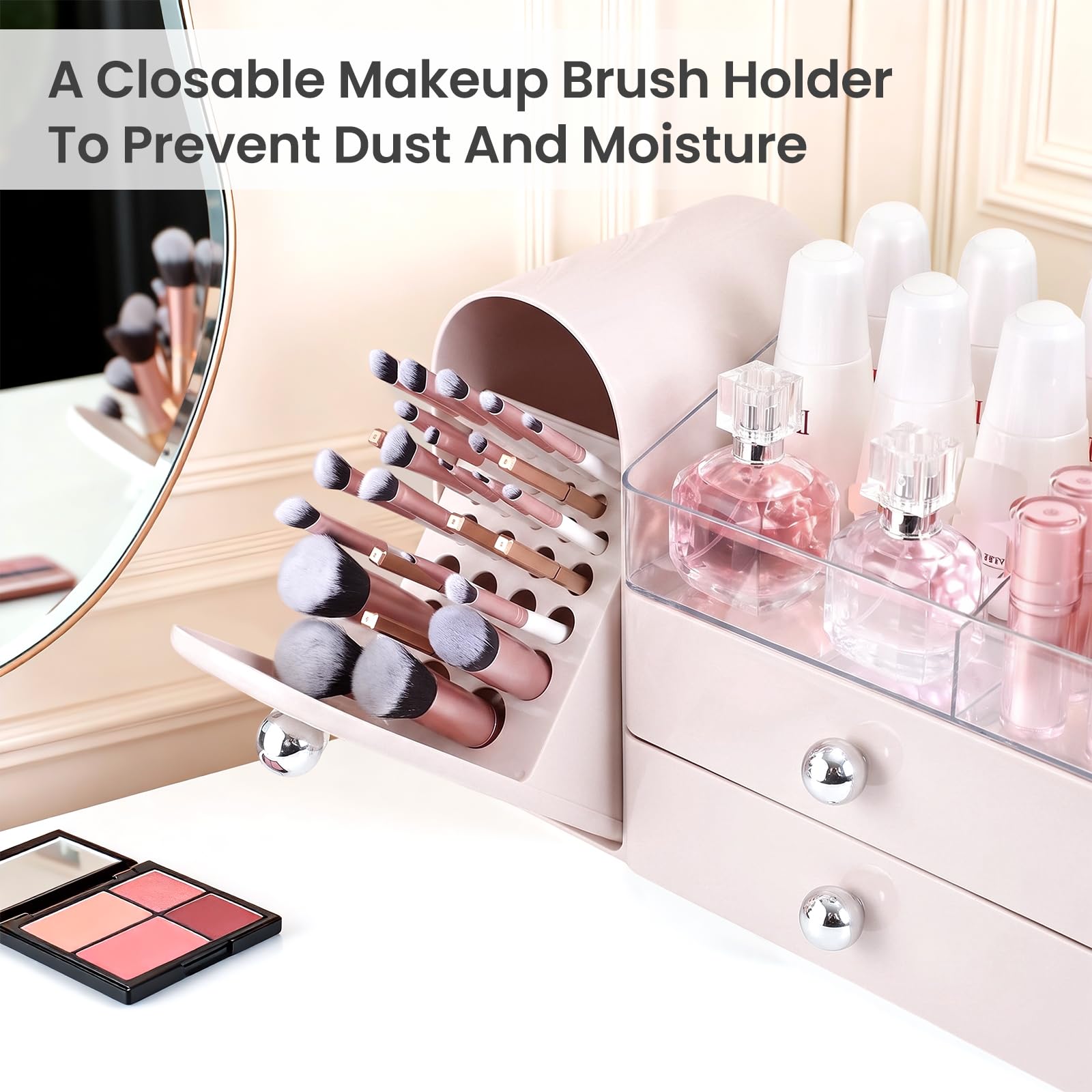 TRQWRO Makeup Organizer Countertop with Makeup Brush Holder,Pink view 6