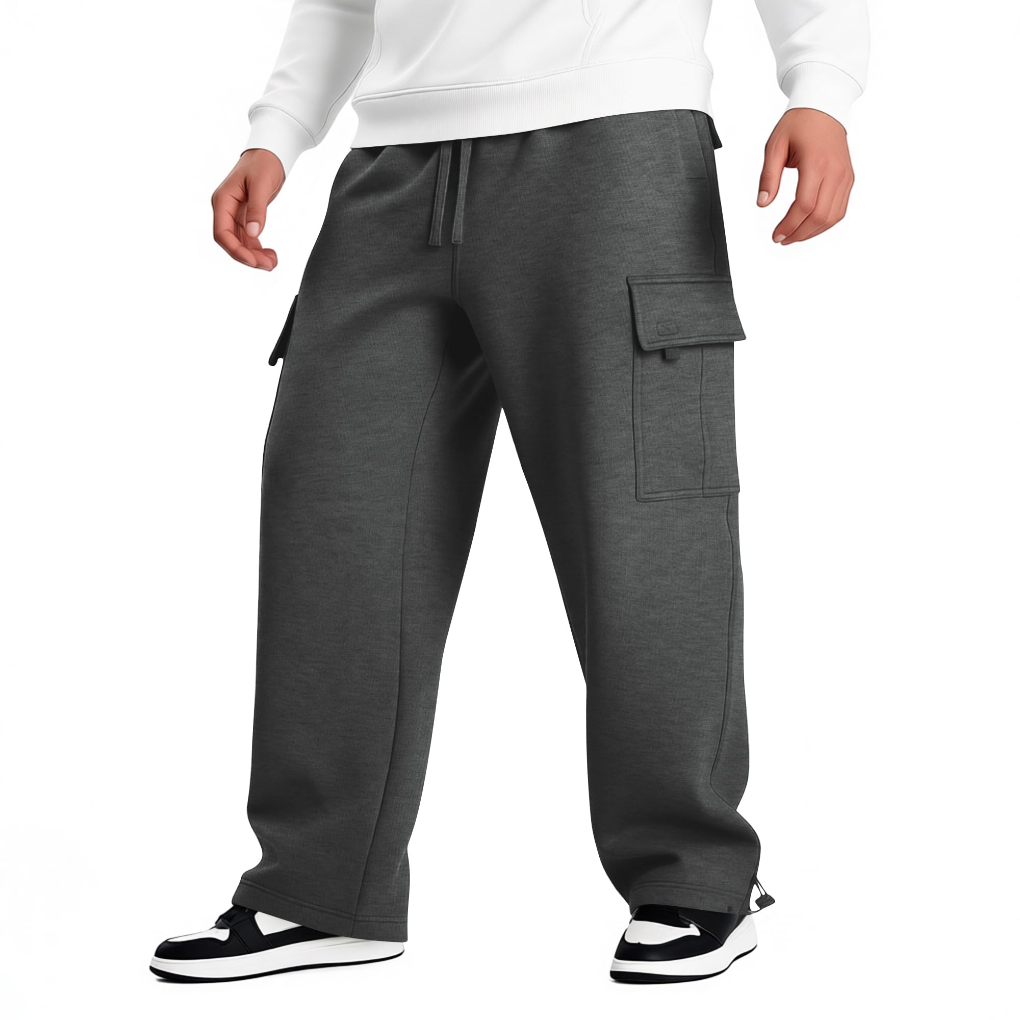 Mens Heavyweight Fleece Cargo Sweatpants - Baggy Fit Thick Cotton-Blend Fleece Cargo Pants with Adjustable Ankle Drawstring