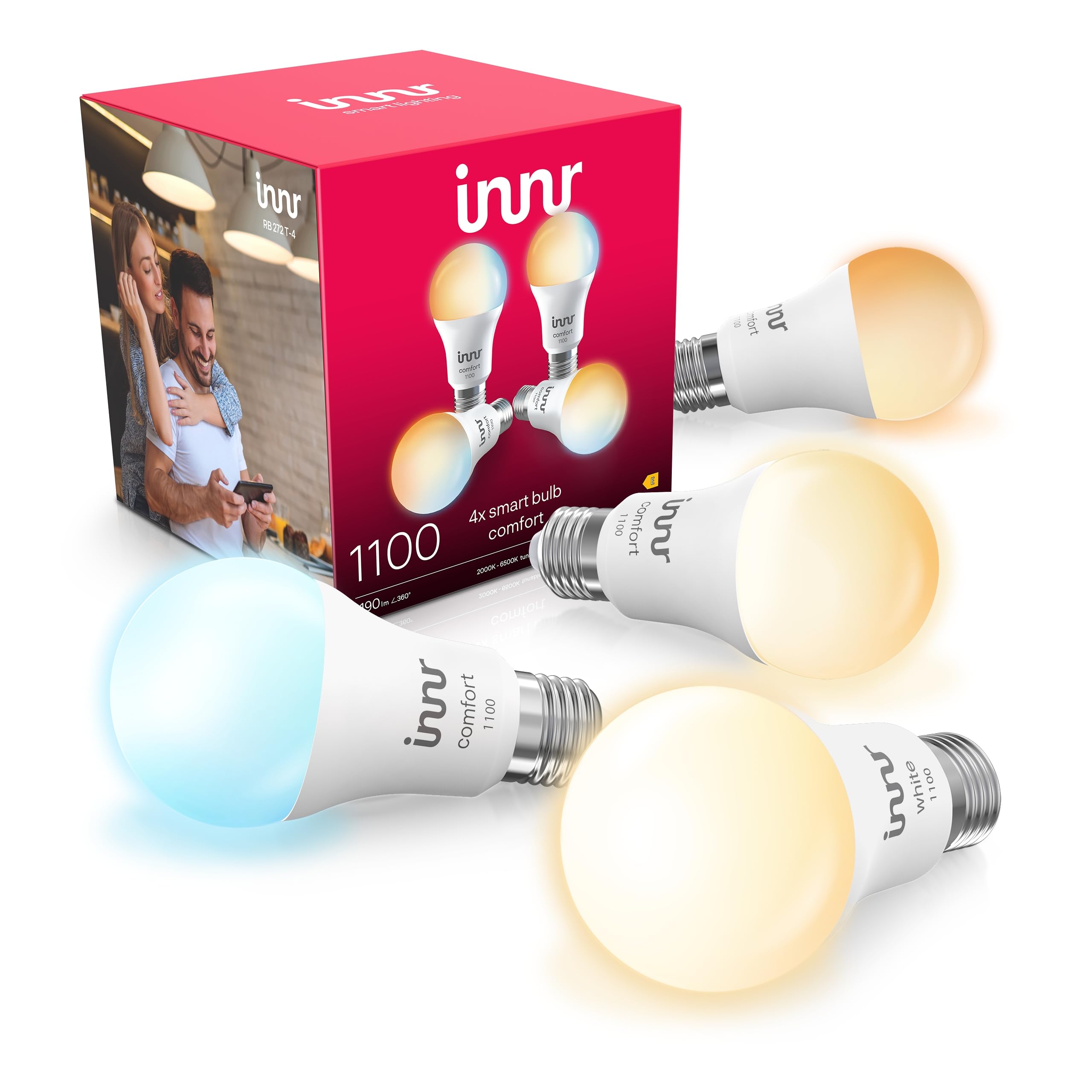 innr Lampadina Smart E27, per Hue* e hub Zigbee, Confezione da 4 | LED, Luce Bianca Calda e Fredda, 2000K-6500K, 50% di Luce in Più, 1150 lumen, Dimmerabili
