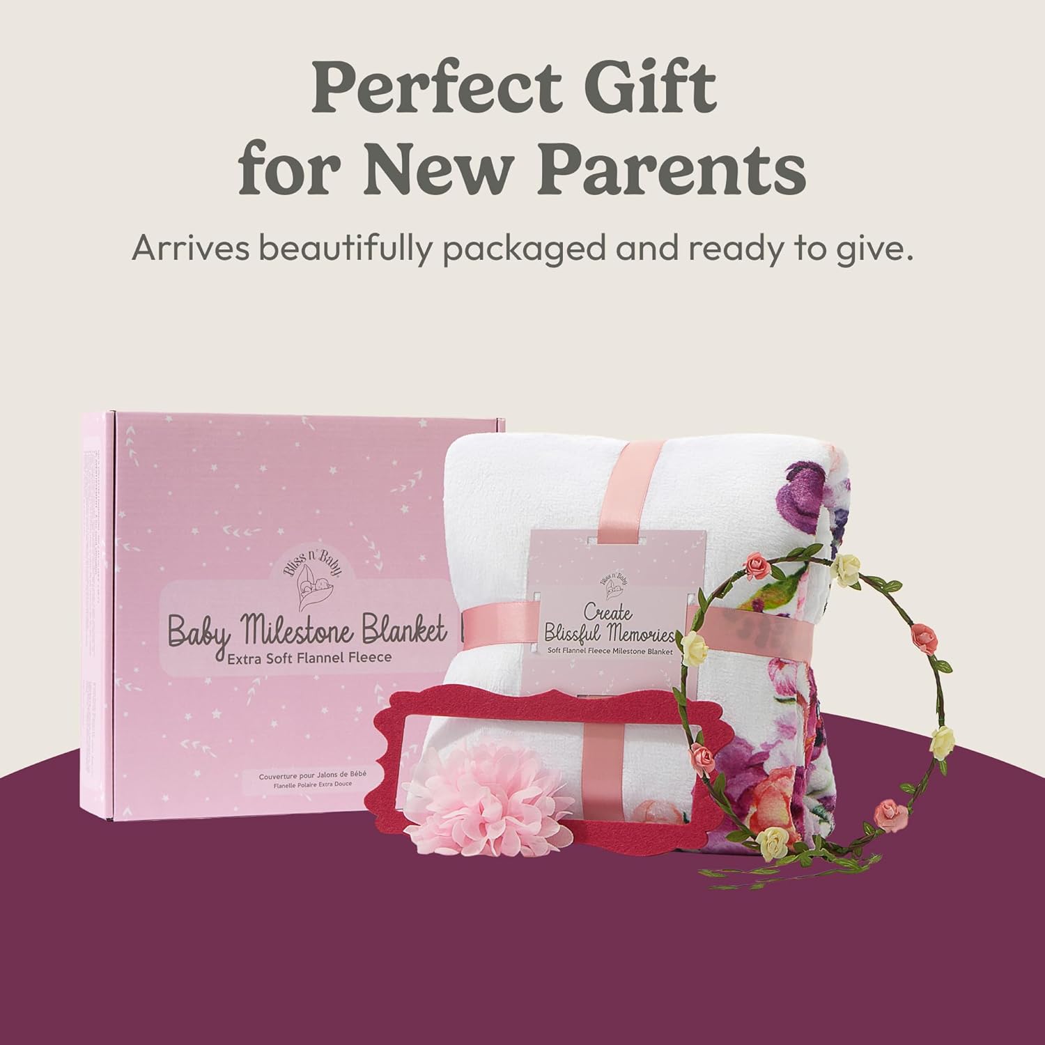 Bliss n' Baby Monthly Milestone Blanket for Baby Girl - 60"x40" - Wrinkle Free Baby Age Month Blanket with Growth Chart - Washable & Dryable - w/Wreath & Headband - Floral Theme