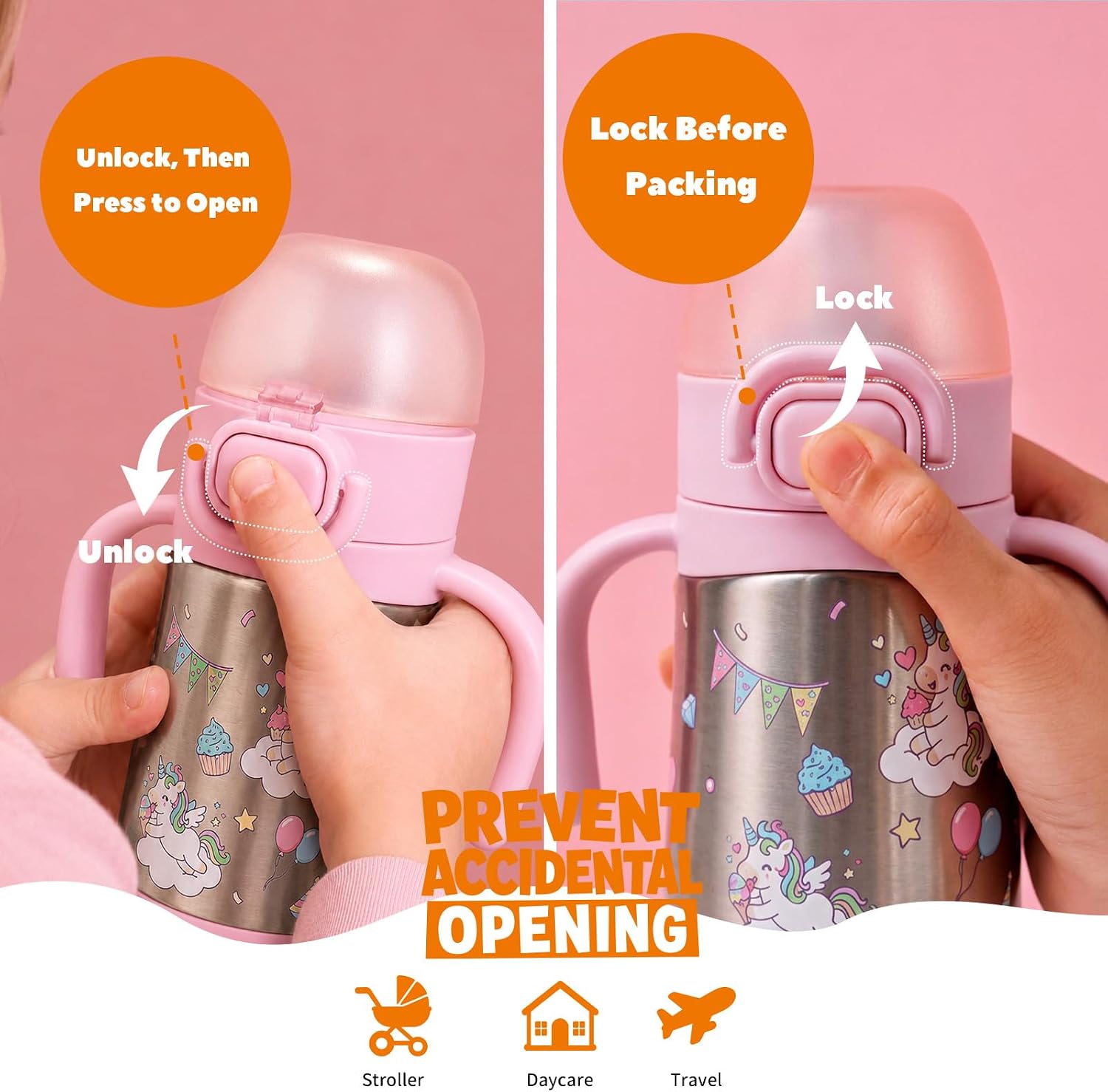 Bakpoco Stainless Steel Straw Sippy Cup for Toddlers 1-3, 10 oz Pink image 2