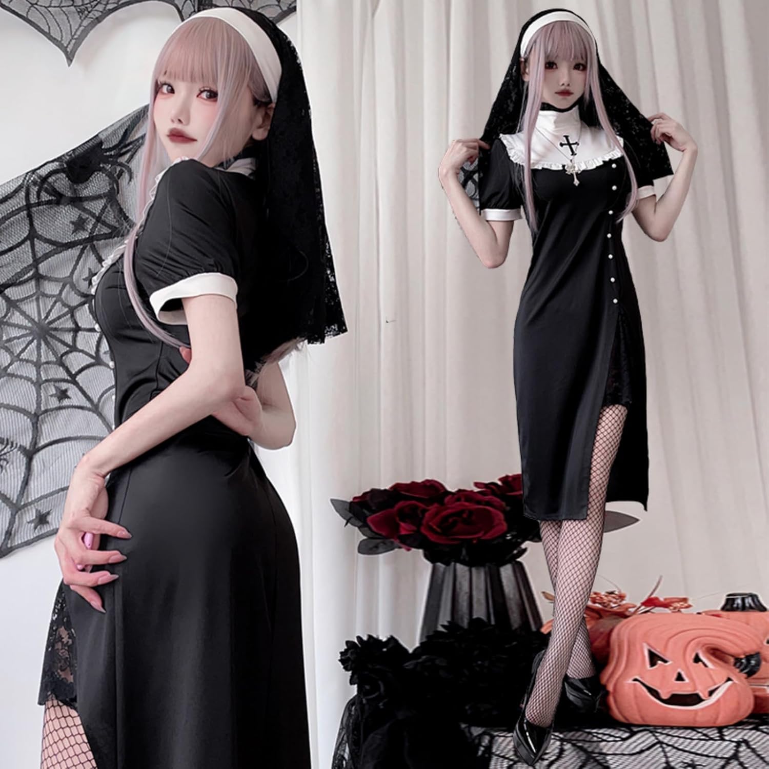 [JUNDOMECY] ハロウィン コスプレ 修道女 シスター 衣装 セクシー 大人 レディース 大きいサイズ 聖歌隊 修道院 教会服 スリット ロングワンピース レース ゴシック 黒 白 ベール 十字架 網タイツ付き イベント 仮装パーティー