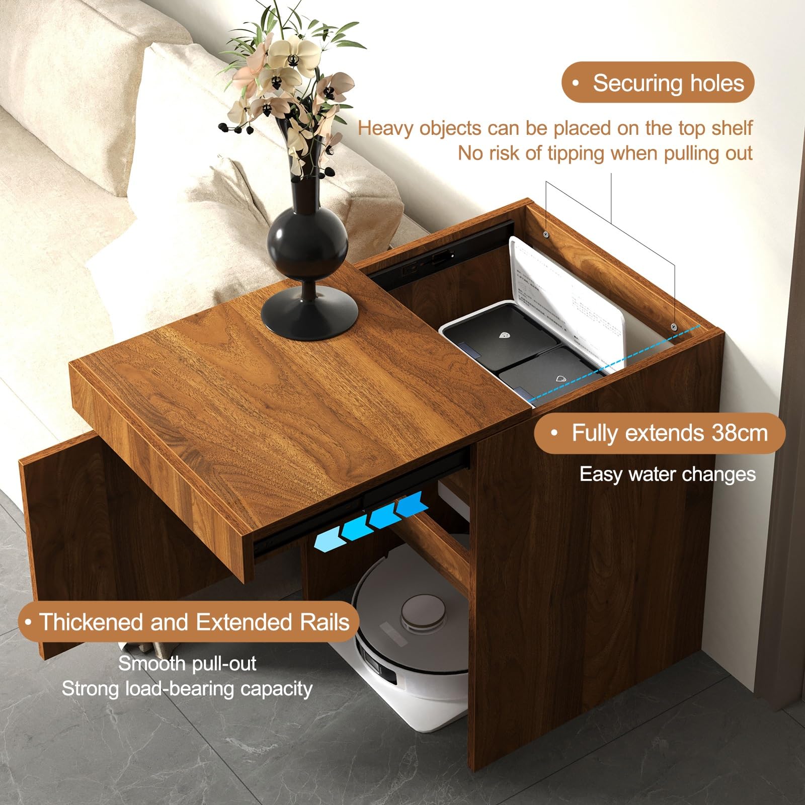 Armario de soporte para aspiradora robot – Mesa auxiliar oculta para muebles del hogar, diseño de vaciado automático, fácil acceso para mantenimiento