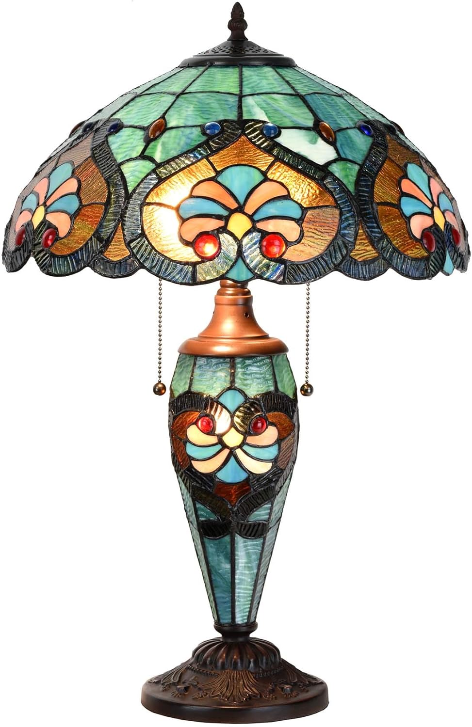 Bieye L10801 Baroque Tiffany Style Stained Glass Table Lamp, Lighted Base 24 inches Tall, Blue