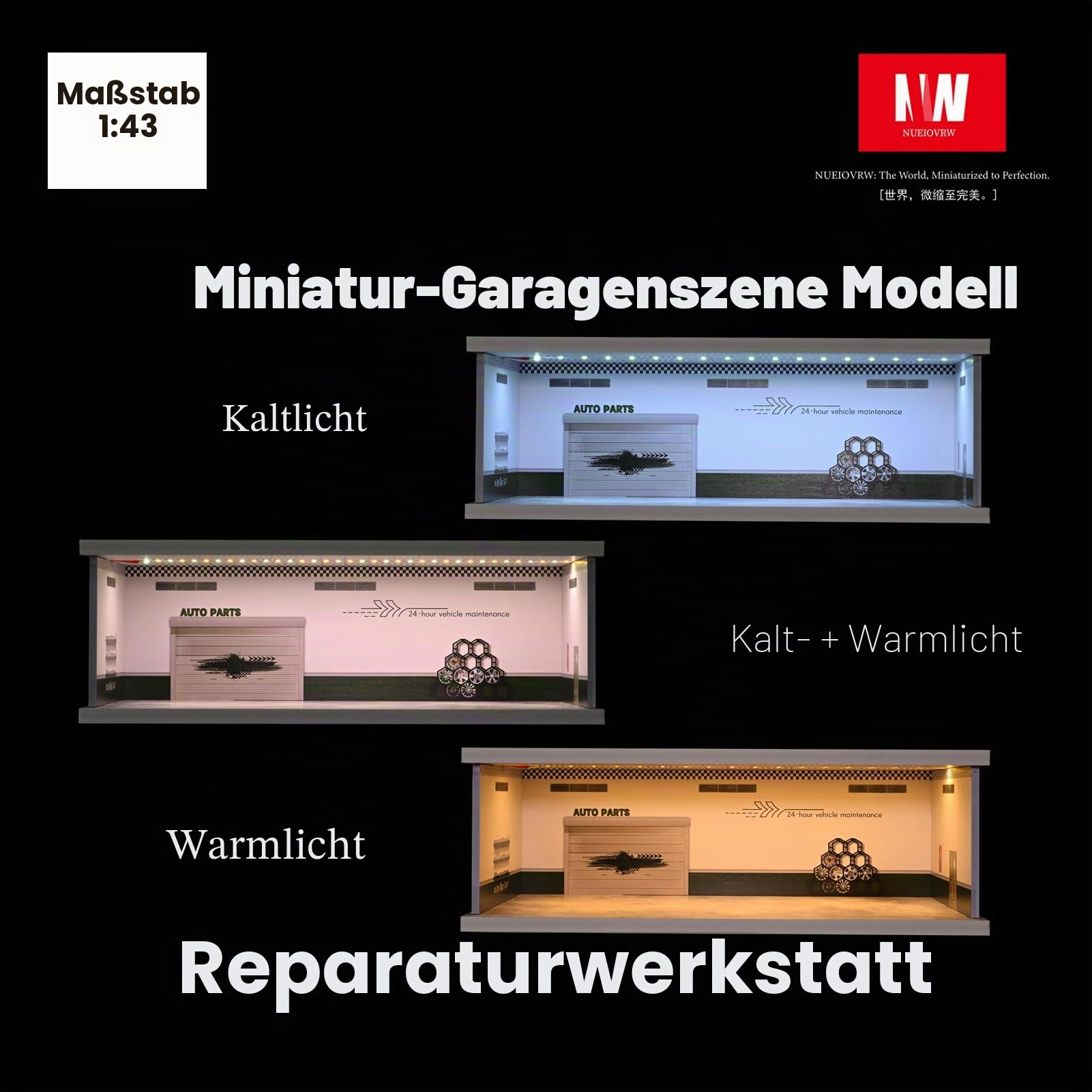 1:43 Diorama Garage Modell, Dreifarbige Beleuchtung Modellautos Vitrine