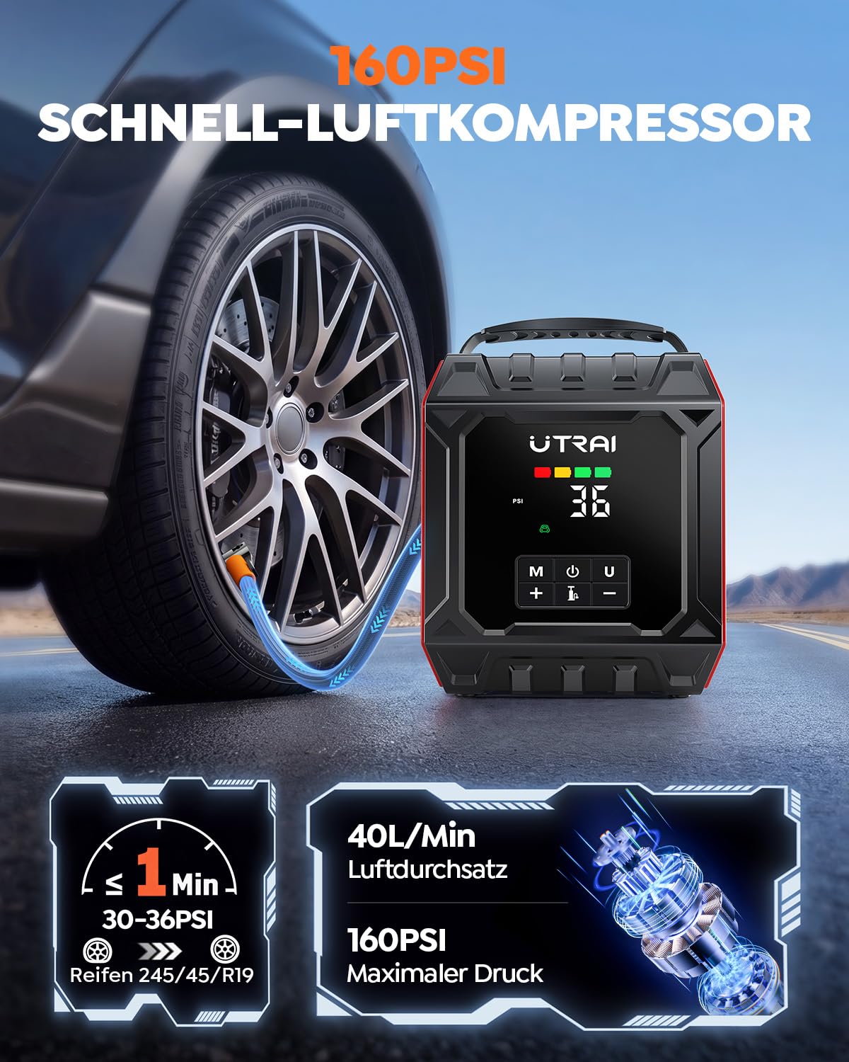 UTRAI Starthilfe Powerbank für Pkw mit Kompressor, 7000A 160PSI Auto Starthilfe Powerbank für Alle Benzin und Bis 12L Diesel, Starter Powerbank mit 1000 Lumen Magnetlampe, 18-W-Ausgang
