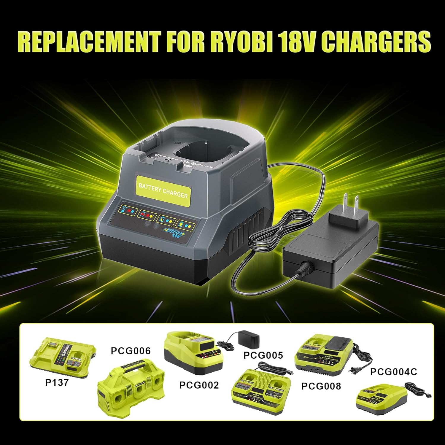 TenHutt P118 Replacement for Ryobi 18V Battery Charger PCG002 PCG004C PCG008, Compatible with Ryobi ONE+ 18 Volt Lithium-Ion Batteries PBP002 PBP003 PBP004 PBP005 PBP006 PBP007 PBP1008 PBP1012 PBP1104