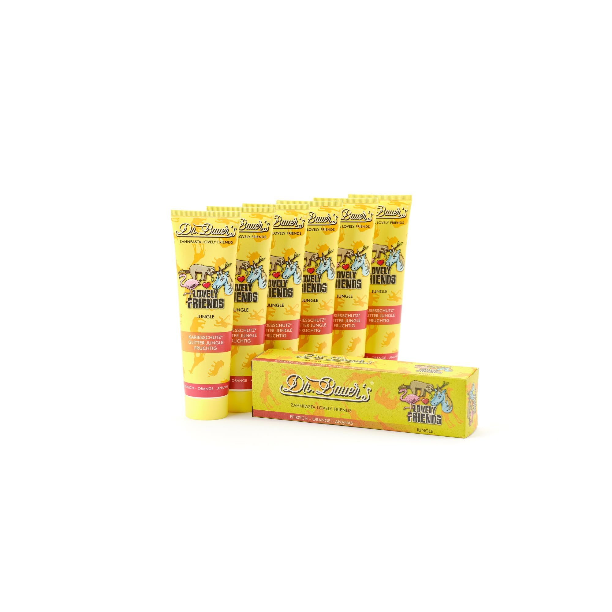 Pasta do zębów dla dzieci Dr Bauer's Lovely Friends Jungle z brokatowymi postaciami - 6x90ml