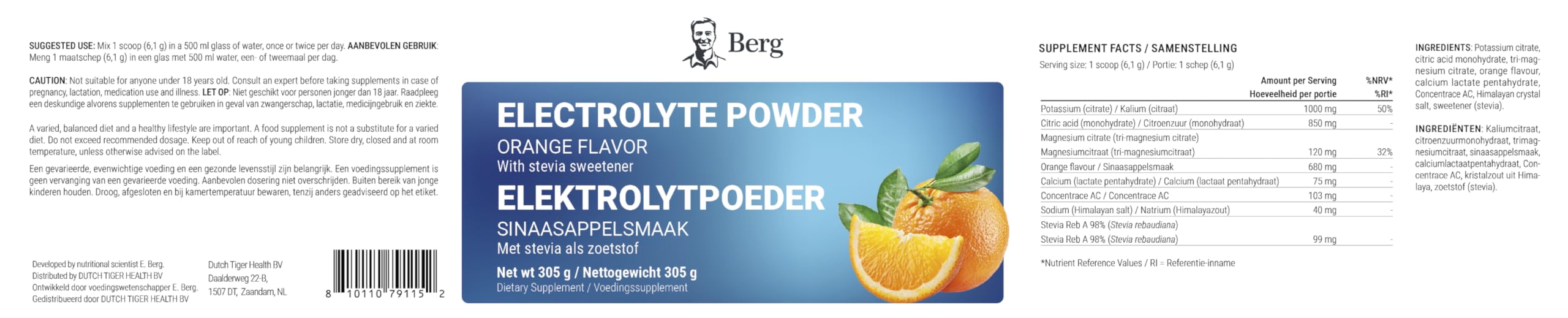 Berg Elektrolyt-Pulver – Orangengeschmack – Mit rosa Himalaya-Salz – 1000 mg Kalium & 120 mg Magnesium pro Portion – Ohne Zucker – 50 Portionen
