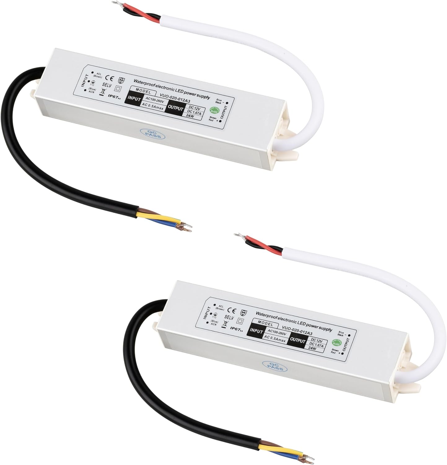 LED Driver 24W Power Supply Transformer, Waterproof IP67, 100V-265V AC to 12V DC Suitable for Various Low Voltage Lamps Such as Strip Lights and line Lights, Small Size, Easy to Connect (2-Pack)
