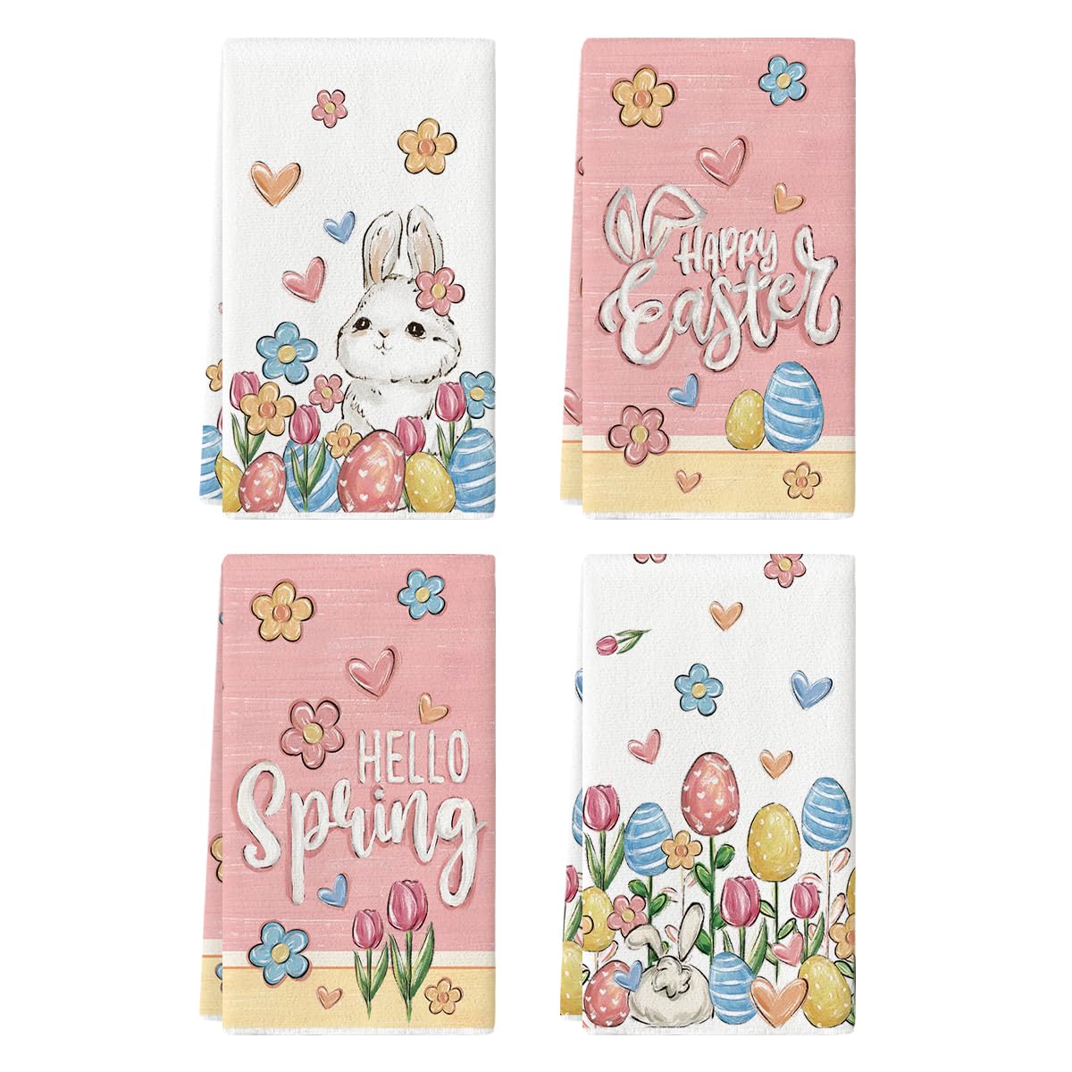 Artoid Mode Rabbit Eggs Tulip Floral Happy Easter Kitchen Towels Dish Towels, 18x26 Inch Seasonal Hello Spring Decoration Hand Towels Set of 4