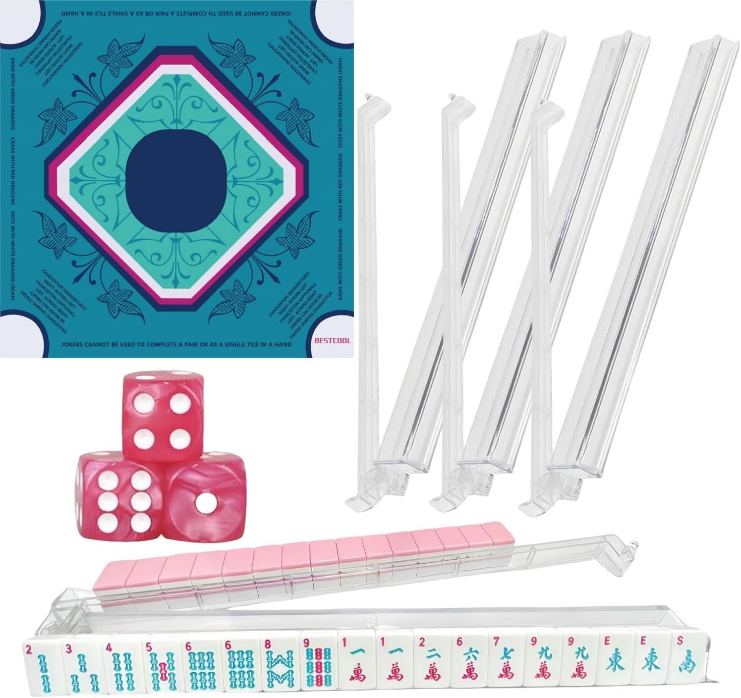bestcool 2025 Neoprene Mahjong Mat with Rules + 4 Mahjong Racks with Pushers & Dice, Odorless, Non-Creased, No PAHs, Anti-Slip Mat & Sturdy Holders, Mahjong Accessories & Gift Set
