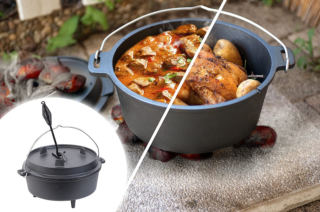 Rosenstein & Söhne Feuertopf: Dutch Oven aus Gusseisen mit Standfüßen, 2in1-Deckel & -Pfanne, 6 l (Gusseisen Kochtöpfe, Dutch Oven mit Füßen, Wok)