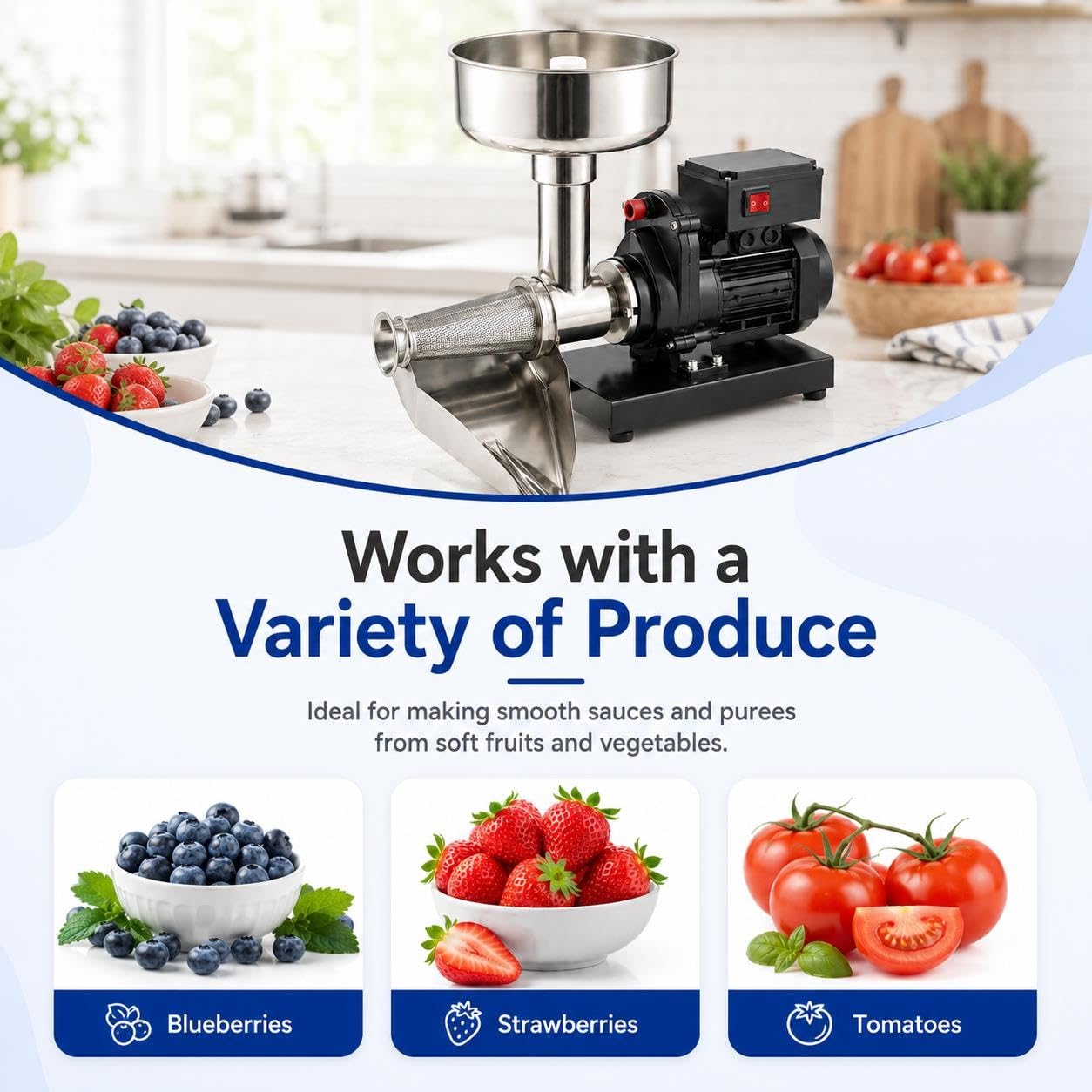 Machine À Sauce Tomate Commerciale 450 W, Moulin En Acier Inoxydable | Passoire et auge réglables, débit de 50 à 160 kg/h, for tomates, baies, pommes, citrouilles(Black)