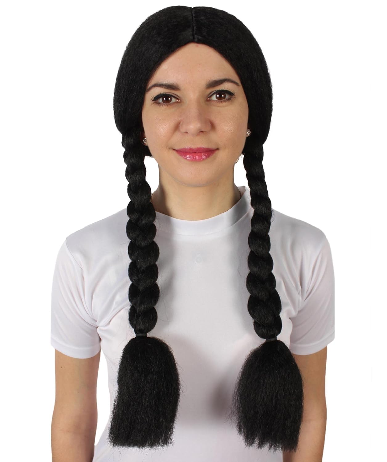 HPO Adult Women's Black Color Braided Pigtails Shoulder Length Trendy Wednesday Wig