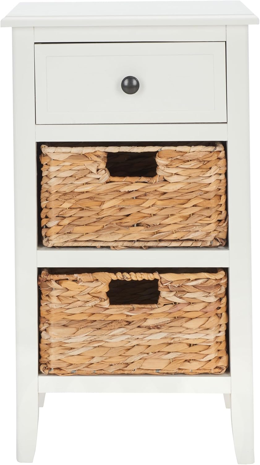 SAFAVIEH Home Collection – Everly Vintage White 3-Drawer Side Table with Woven Basket Storage, Fully Assembled Coastal Cottage Accent Table (AMH5743B)