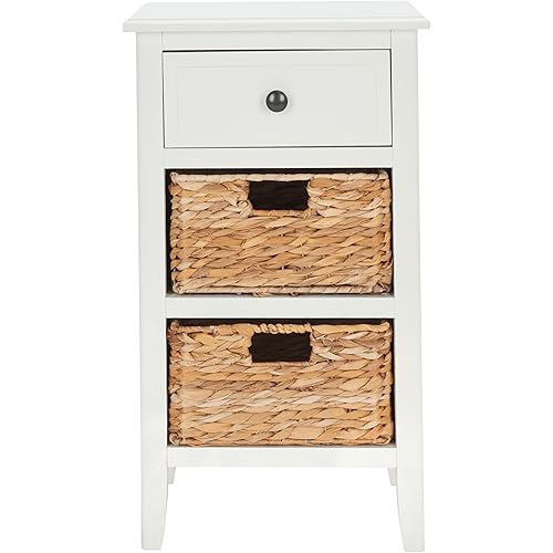 SAFAVIEH Home Collection – Everly Vintage White 3-Drawer Side Table with Woven Basket Storage, Fully Assembled Coastal Cottage Accent Table (AMH5743B)