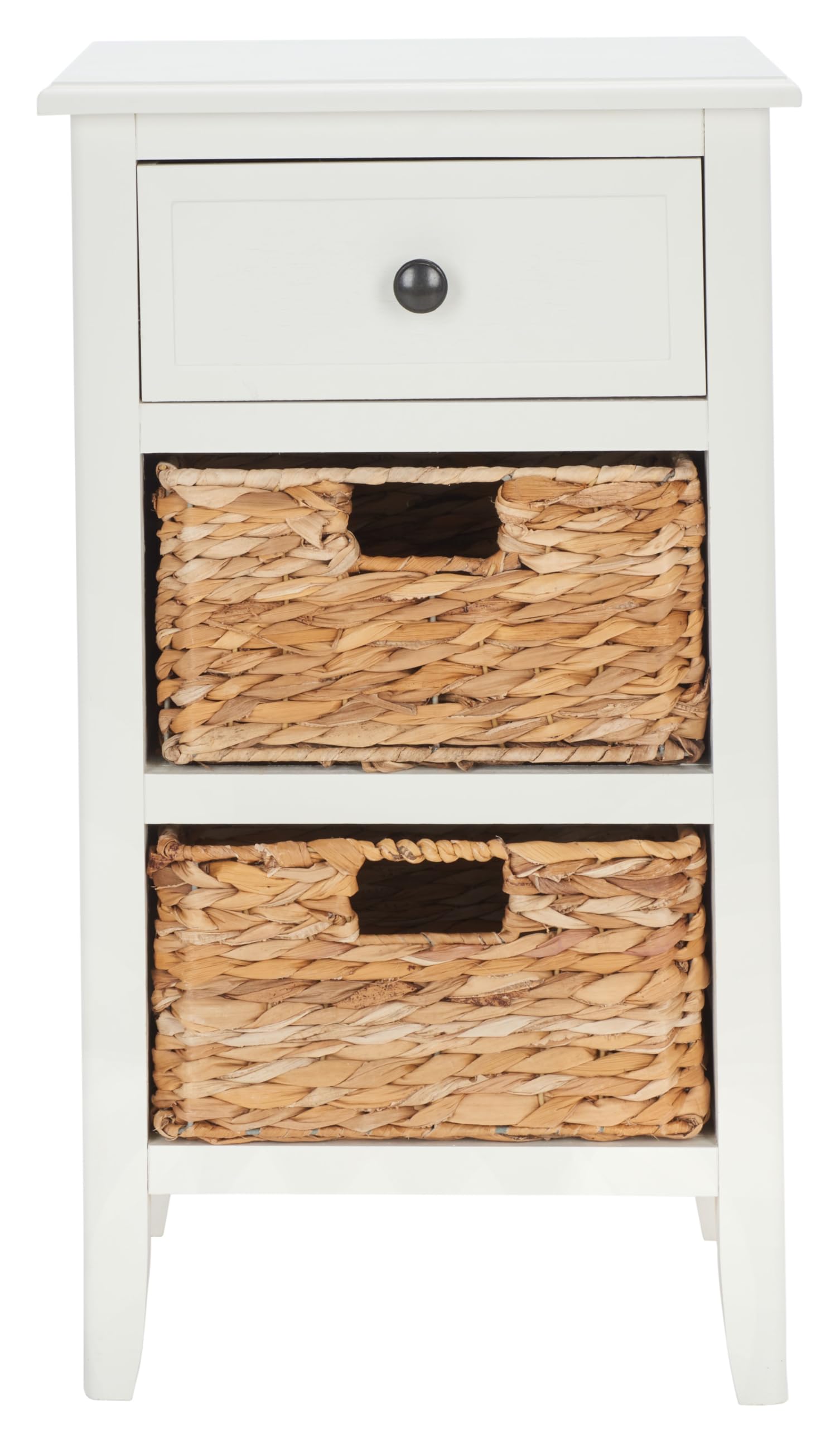 SAFAVIEH Home Collection – Everly Vintage White 3-Drawer Side Table with Woven Basket Storage, Fully Assembled Coastal Cottage Accent Table (AMH5743B)