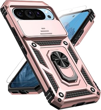 for Google Pixel 9 Pro XL Case with Slide Camera Cover HD Screen Protector [Military Grade 16ft. Drop Tested] Magnetic Ring Holder Kickstand Protective Phone Case for Google Pixel 9 Pro XL, Rose Gold