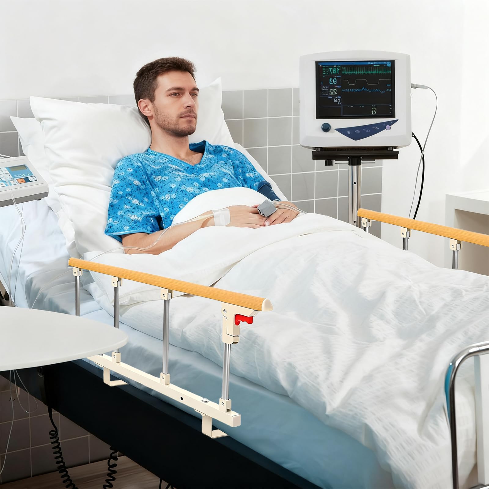 Sponda Letto con Barra in Legno, Regolabile, con Maniglie Antiscivolo, Include Attrezzi per Montaggio e Viti