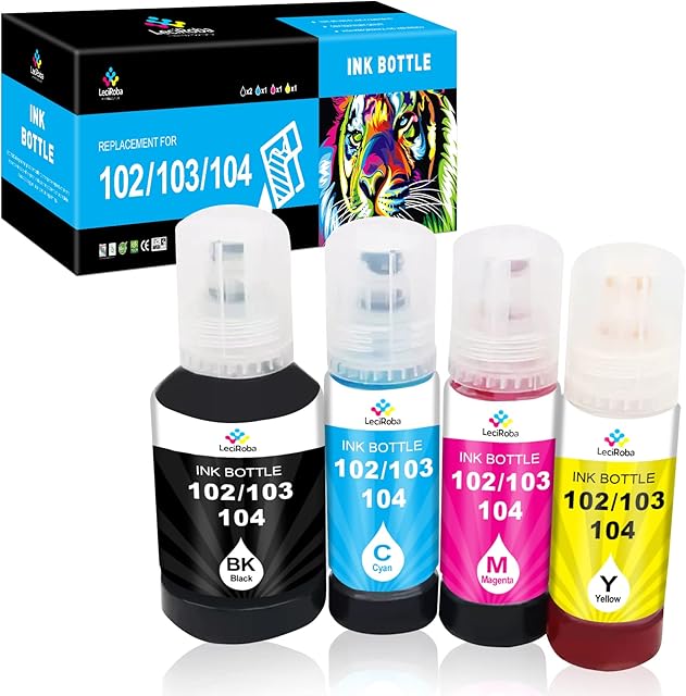 LeciRoba 104 for epson 104 ink bottle multipack and Epson 102 103 ink for ET-2710 ET-2711 ET-2714 ET-2715 ET-2720 ET-2721 ET-2726 ET-2810 ET-2820 ET-2821 ET-2825 ET-2826 ET-4700 ET-4800 (4-PACK)