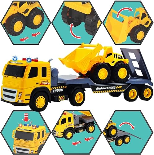 Miniatura 7 de Paquete de vehículos de construcción 4 en 1, 2 camiones planos a escala 112, excavadora y tractor con luces y sonidos, juguete realista para