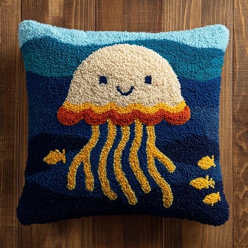 AxiangziK Latch Hook Cushion Kits,Cartoon Jellyfish 17X17Inch Handmade Embroidery Kits,DIY Needlework Pillow Rug Making Kit,Decorative Throw Pillow Cover for Sofa Cushions