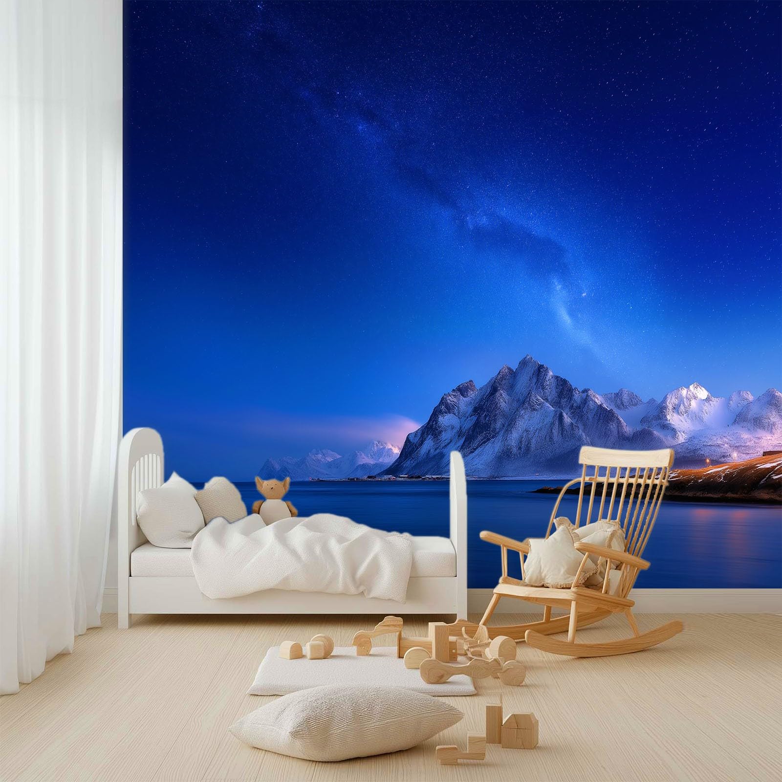 Panoramiczna tapeta 200 x 140 cm fantazyjny spokój gwiaździste niebo góry włóknina XXL fototapeta dekoracja ścienna gobelin do salonu sypialnia - tapeta Trompe l'eil efekt 3D, ciemnoniebieski
