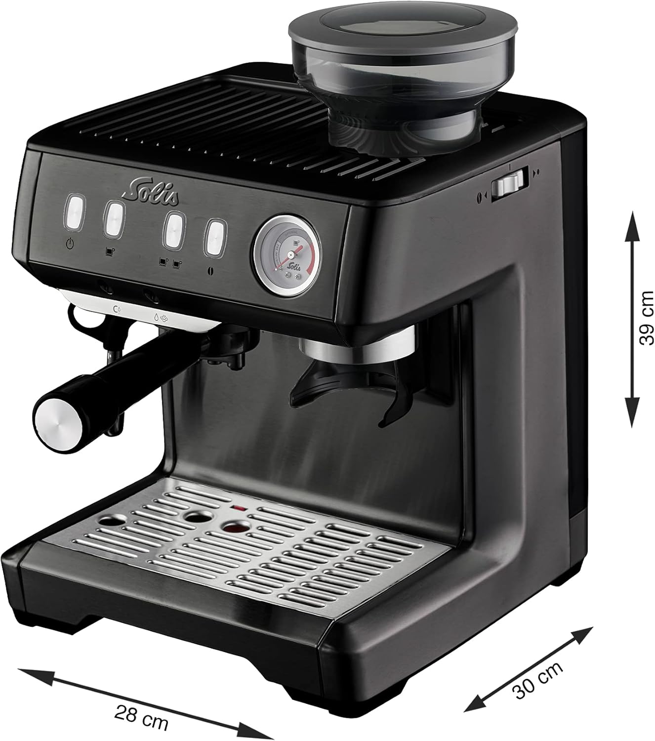 Solis Grind & Infuse Compact 1018 with dimensions labeled