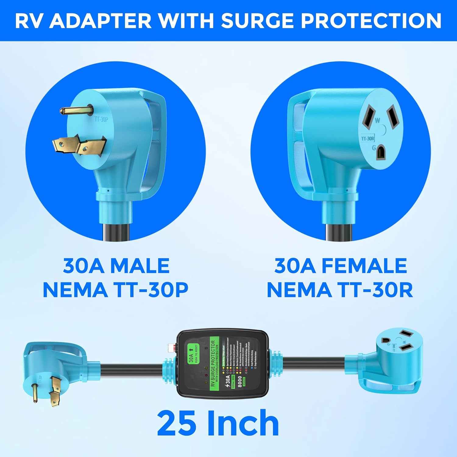 CircleCord 30 Amp RV Surge Protector Adapter Cord with Circuit Breaker and Analyzer, 8000 Joules, NEMA TT-30P Male to TT-30R Female for RV Camper, ETL Listed