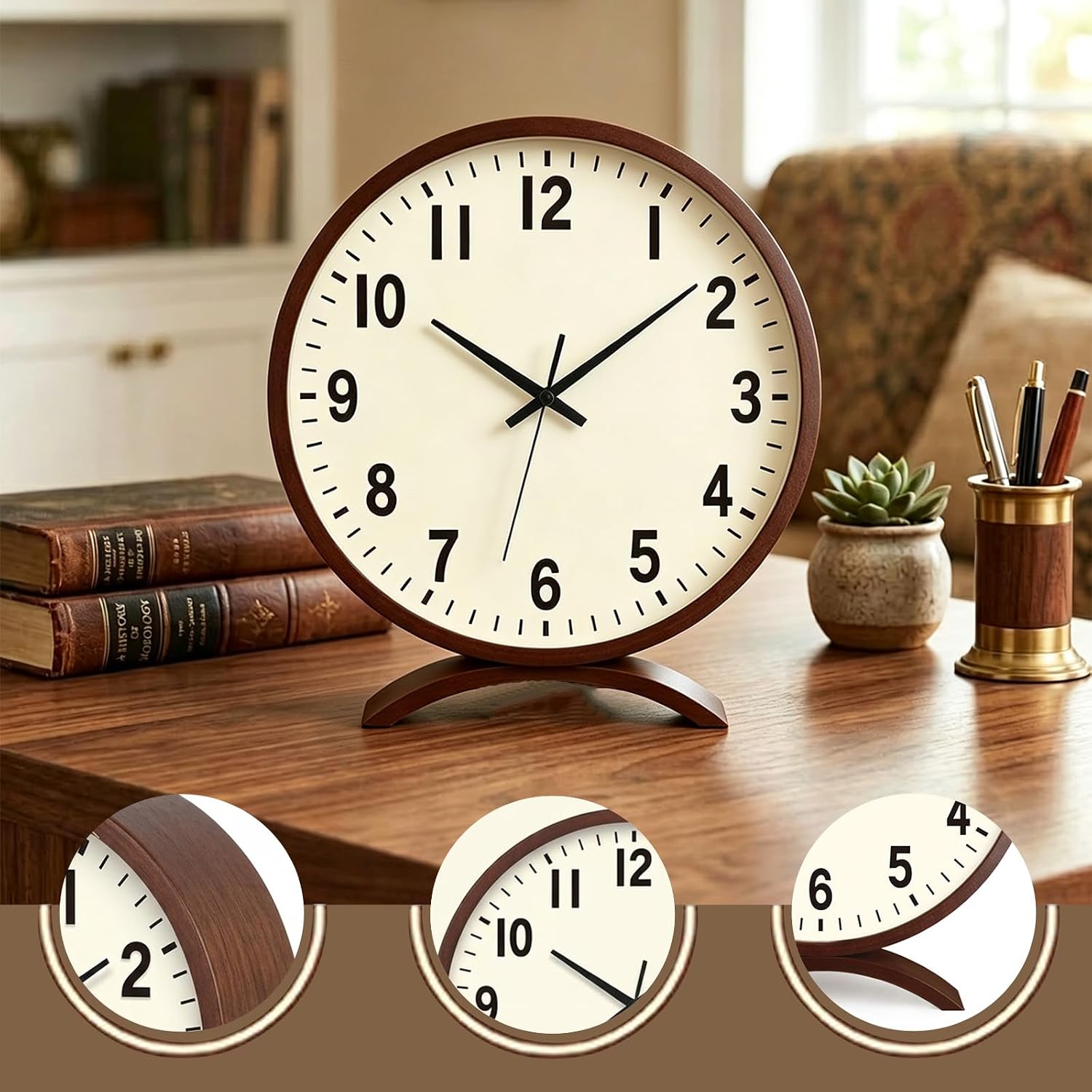 JUSTUP Table Clock, 8 inches Wooden Retro Analog Table Clocks, Silent Non Ticking Desk Clocks for Bedroom Office Outdoor Decoration, Battery Powered Shelf Clock, Christmas Birthday Gifts (White 1)