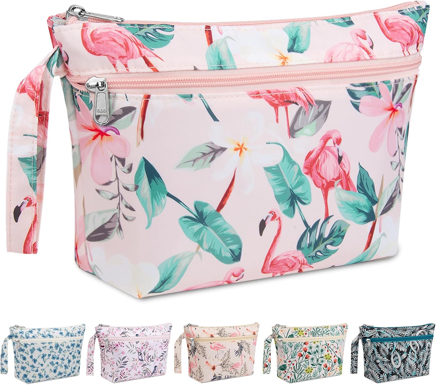 Flat Makeup Bag for Women Zipper Toiletry Travel Bag Floral Cosmetic Pouch