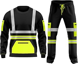 Hi Vis Workwear Fleece Tracksuit Set Open Hem Cuffed Trouser Drawstring Pockets Long Sleeves Sweatshirt Saftey Top & Bottom Set
