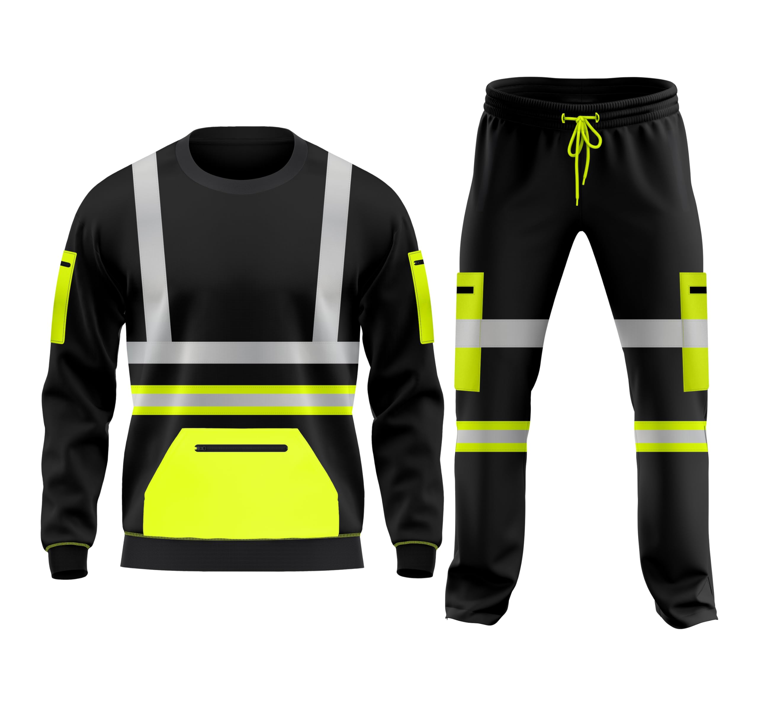 Set tuta da lavoro in pile ad alta visibilità, orlo aperto, pantaloni con risvolto, tasche con coulisse, felpa a maniche lunghe, set di pantaloni e top di sicurezza