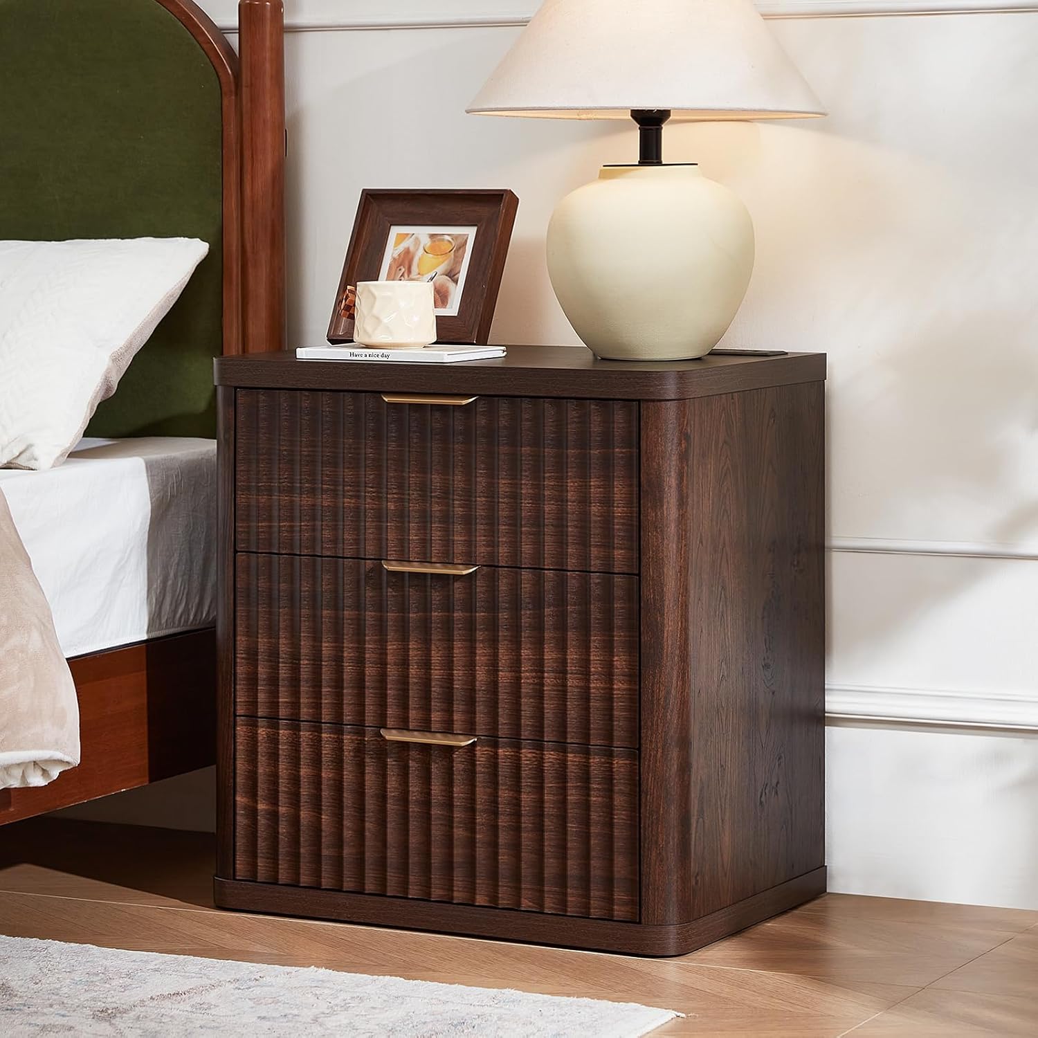 LEYAOYAO Fluted Farmhouse Nightstand Set of 2 with Charging Station, 23" Wide 3 Drawers Night Stand,Walnut Dresser for Bedroom,Bed Side Table Chest of Drawers,Wood End Table for Living Room