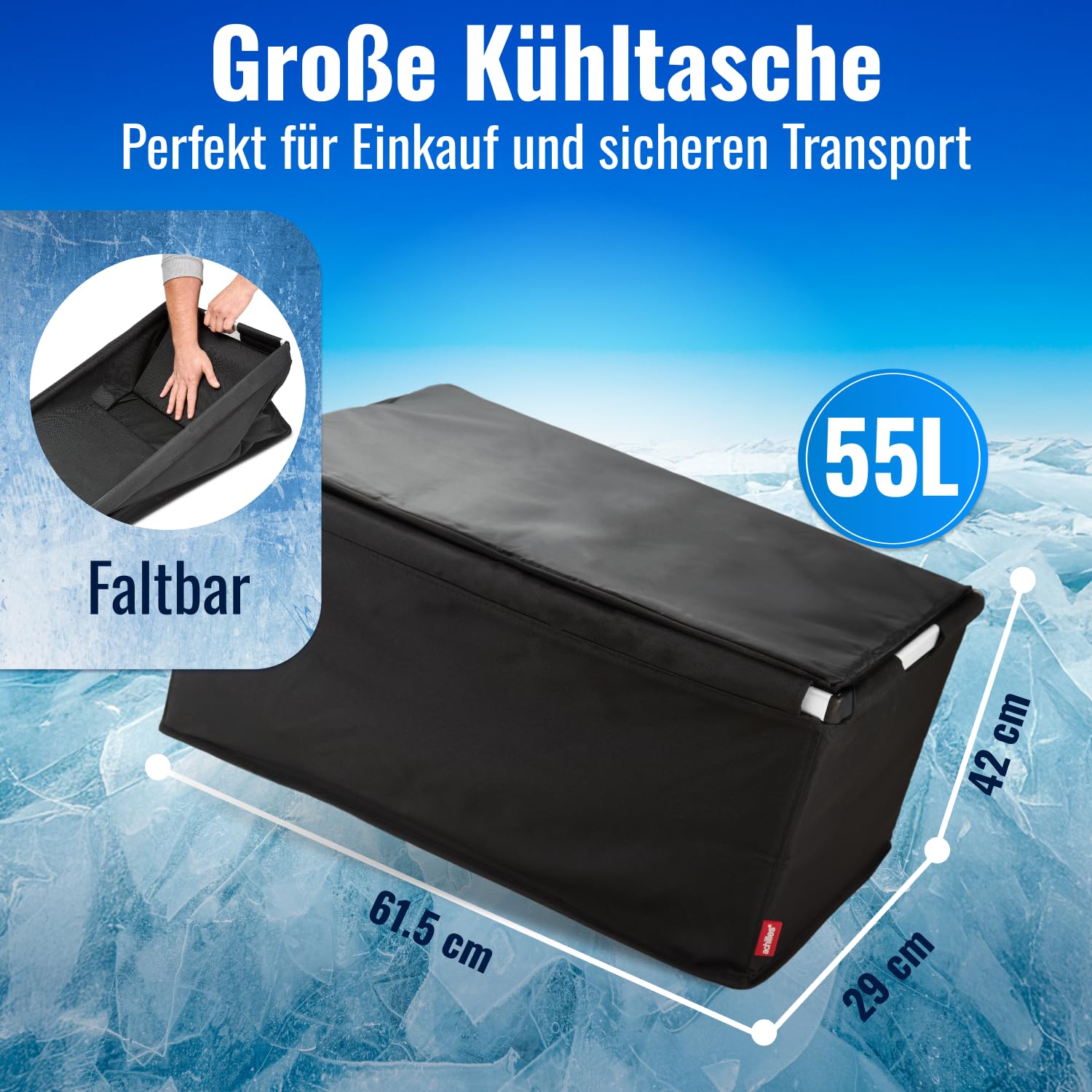achilles Transportbox mit Kühlfunktion, Einkaufskorb mit Kühleinsatz, Kühlkorb groß, Einkaufskorb, klappbarer Kühlkorb, klappbare Kühlbox