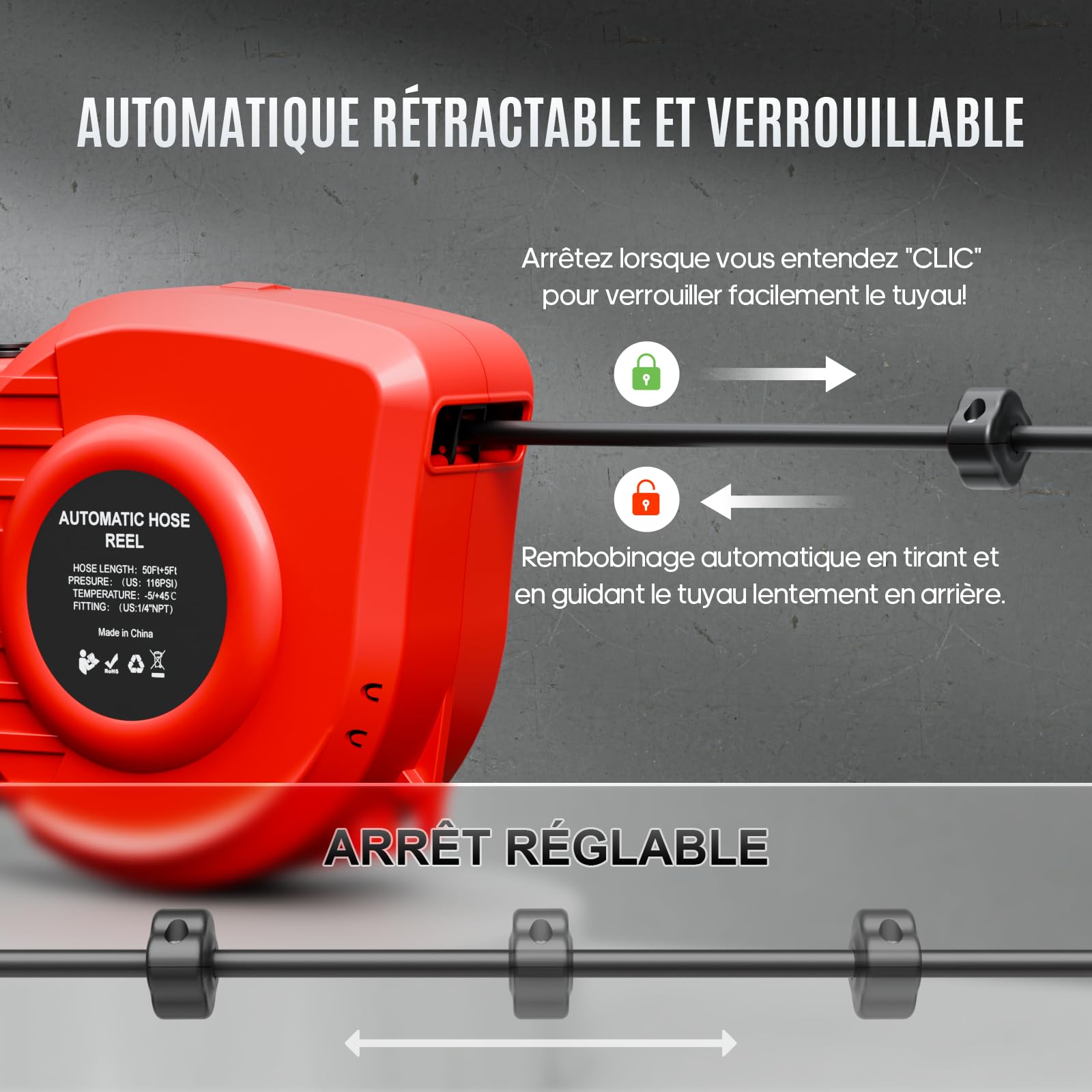 Hancaner Enrouleur Tuyau Air Comprimé Automatique Compact de 15 m + 1,5 m, avec Raccord 1/4", 24 bar Pression Maximale, Support Mural Pivotant à 180° Enrouleur Electrique Mural
