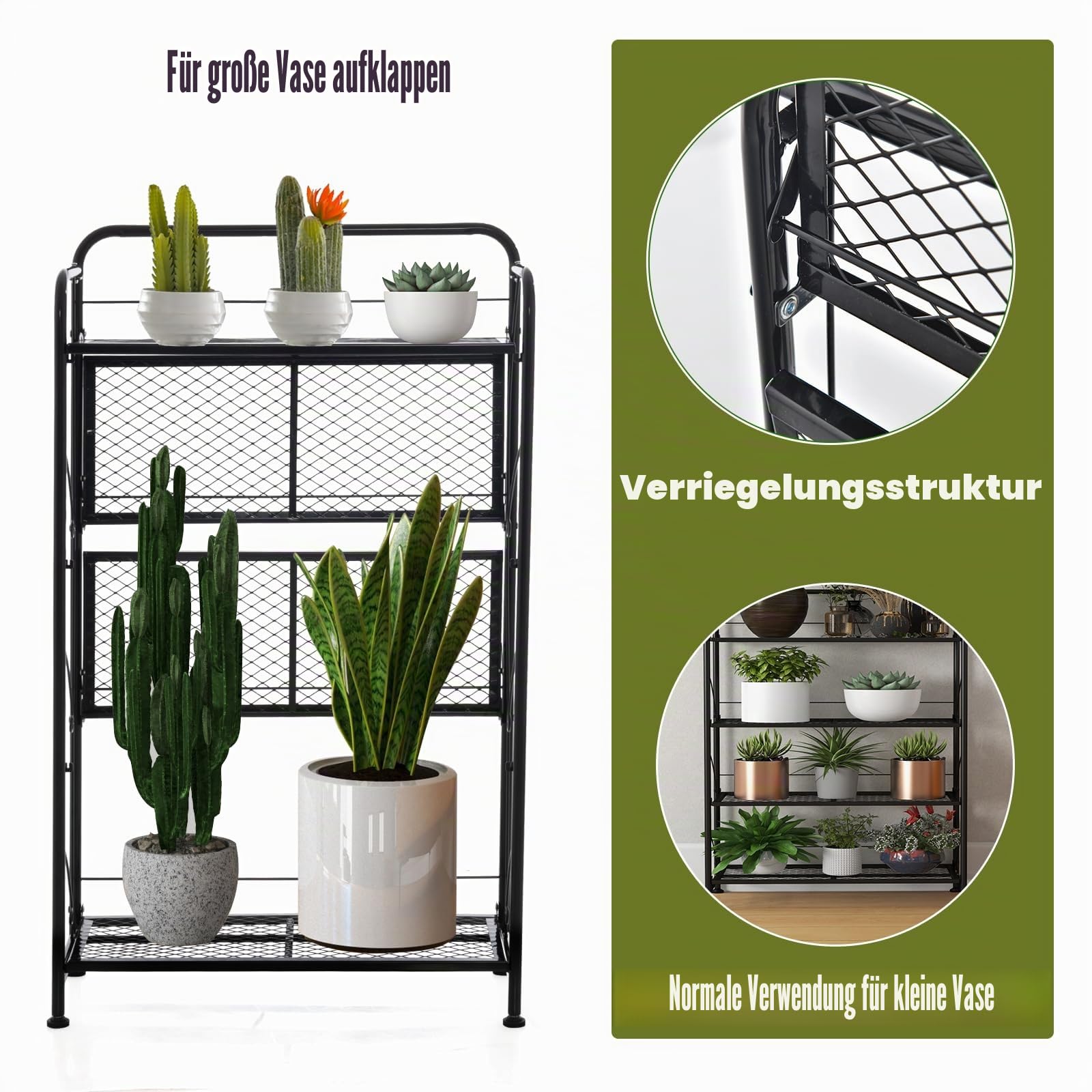 HOMASIS Pflanzregal mit 4 Ebenen, Klappbarer Pflanzenständer aus Metall, Blumenregal mit verstellbare Ablagen, Mehrzweckregal Blumentreppe Pflanzentreppe für Balkon, Garten, 60 x 25 x 100 cm, Schwarz