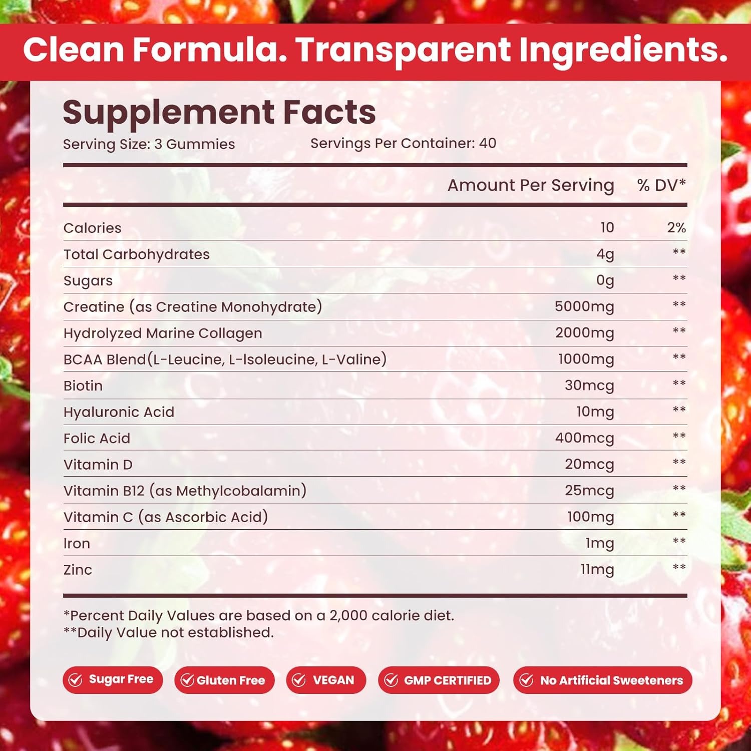 Creatine for Women,Creatine Monohydrate Gummies with Collagen+ BCAAs+Hyaluronic Acid+VitaminsC and b12,Sugar Free,vegan,Supplement for Muscle,Skin, Hair & Nail Support, Mixed berry,120 Counts - Image 6