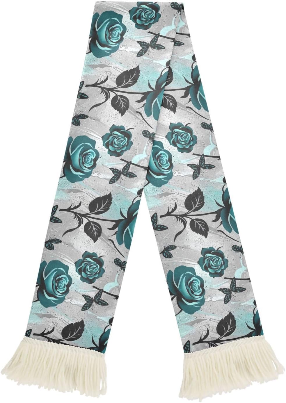 CHIFIGNO Vintage Teal Rose Black Leaf Sports Fan Scarf, Soft Quick Dry Polyester Cheering Towel for Soccer Games, Sweat Wicking Rally Scarf with Fringe Ends