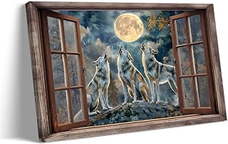 Strofupp Wolf Wall Art Moonlight Scenery Poster Retro Framed Wild Animals Pictures Prints Abstract Canvas Wolf Poster for Home Decor 12x18 inches