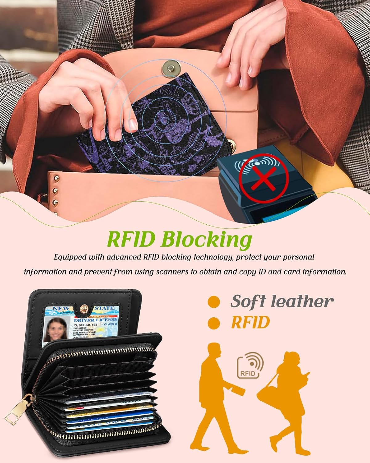 Bistup Credit Card Holder Wallet for Women Cute Leather Ladies Teen Girls Female Cardholder Wallets Accordion Purse Small Medium Aesthetic Print Merch Unique Modern Y2k Rfid Zipper Around - Image 5