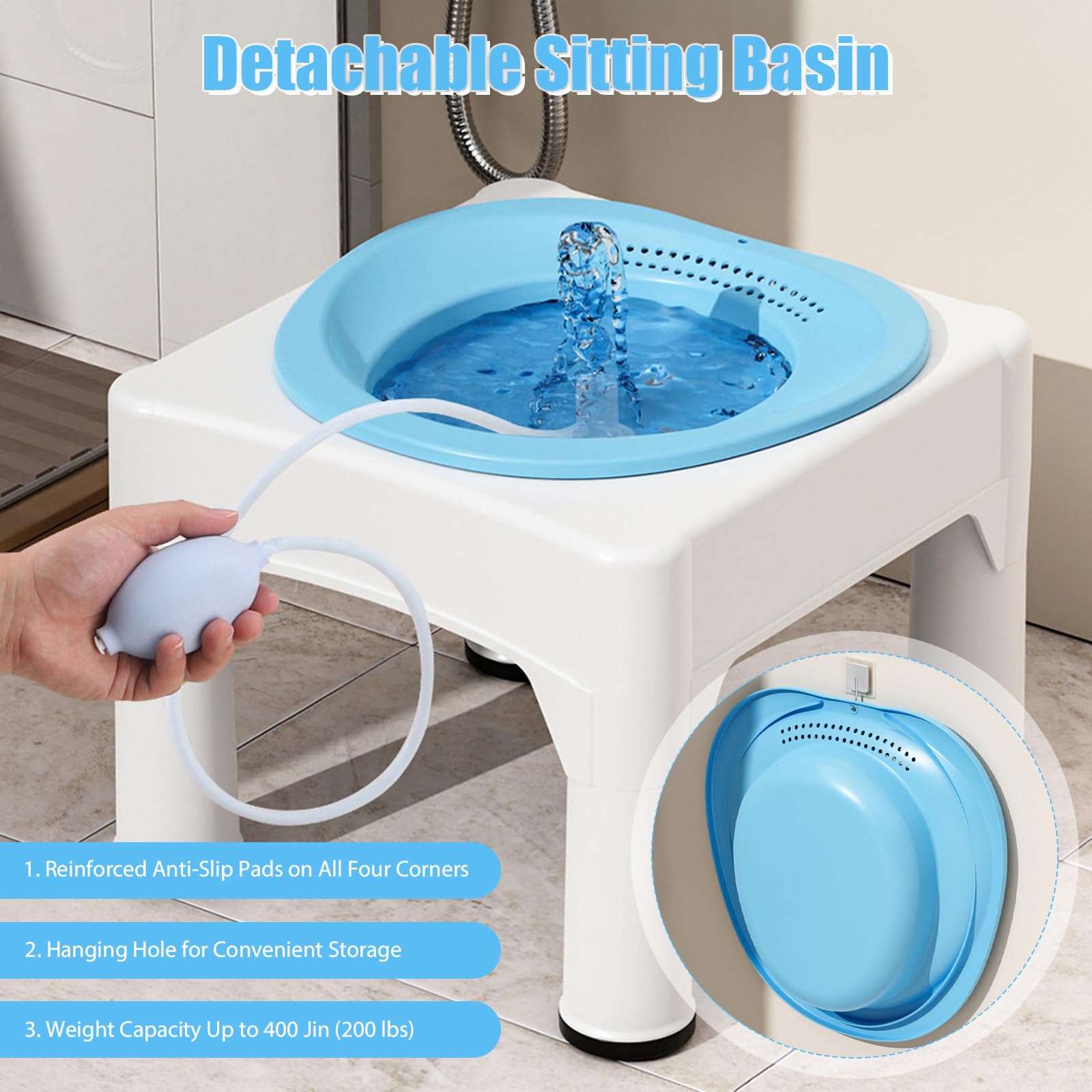 Baño de asiento con taburete, 1600 ml, bañera colgante para baños de asiento, bañera de cadera con acondicionador, resistencia al calor hasta 120 °C, bañera de asiento para tratamiento de hemorroides