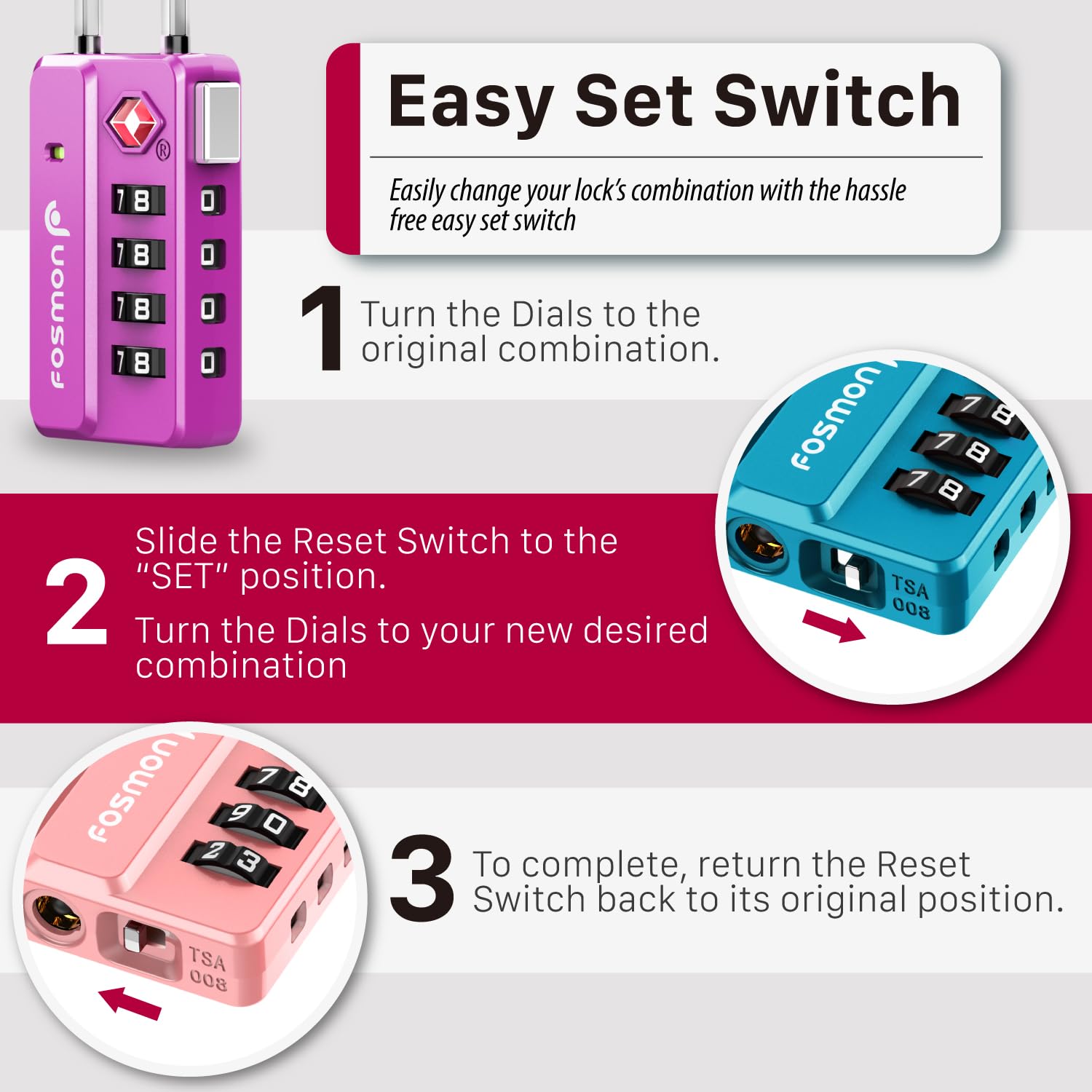Fosmon Candados TSA con indicador de apertura – Combinación de 4 dígitos para maletas, mochilas, equipaje de mano y taquillas (4 uds, Negro, Azul, Morado, Rosa)