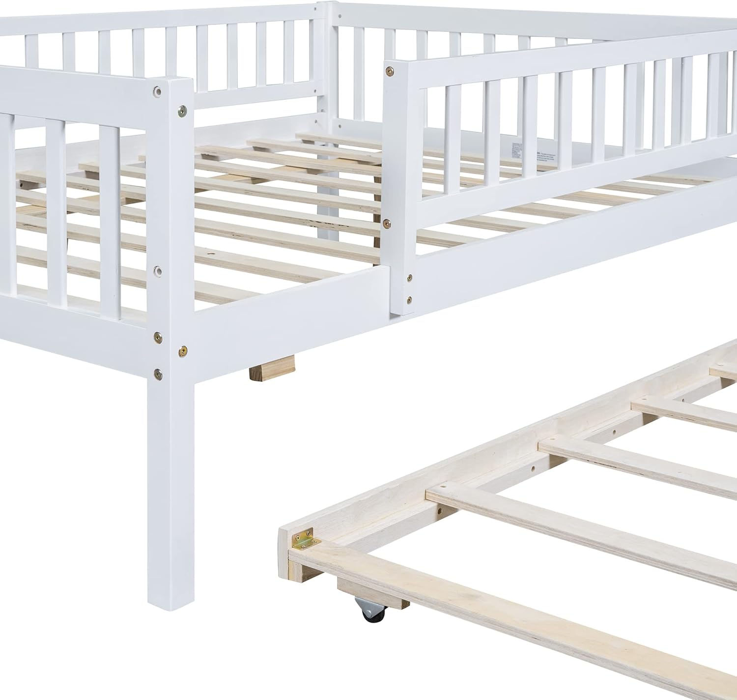 Full Size Wood Daybed with Trundle and Fence Guardrails, White