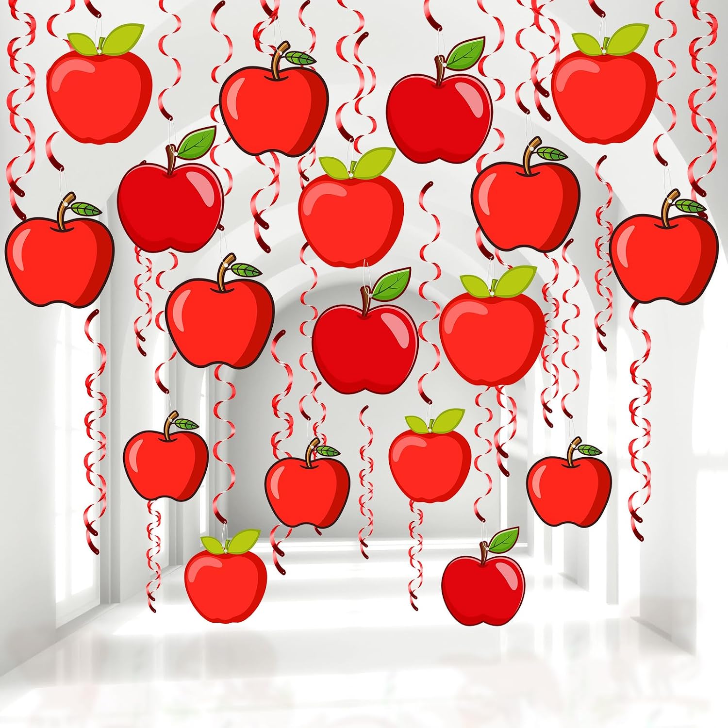 48 Pcs Back to School Red Apples Hanging Swirl Decorations Apples Decorations for Classroom First Day of School Party Favors