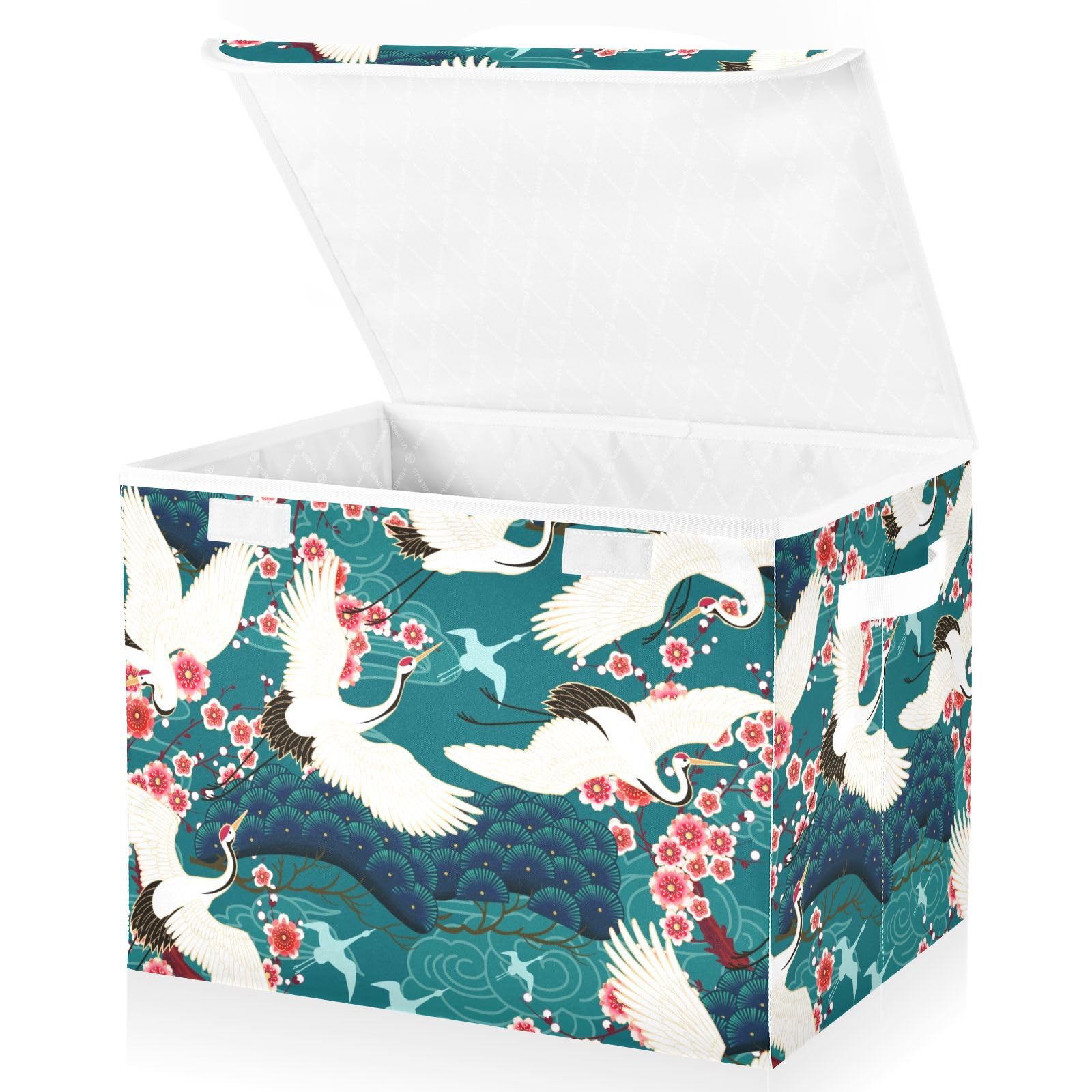 Mnsruu Storage Boxes with Lids, Floral Motives and Cranes Large Storage Basket Organizer Shelves Cube Bin Toy Clothes Underbed