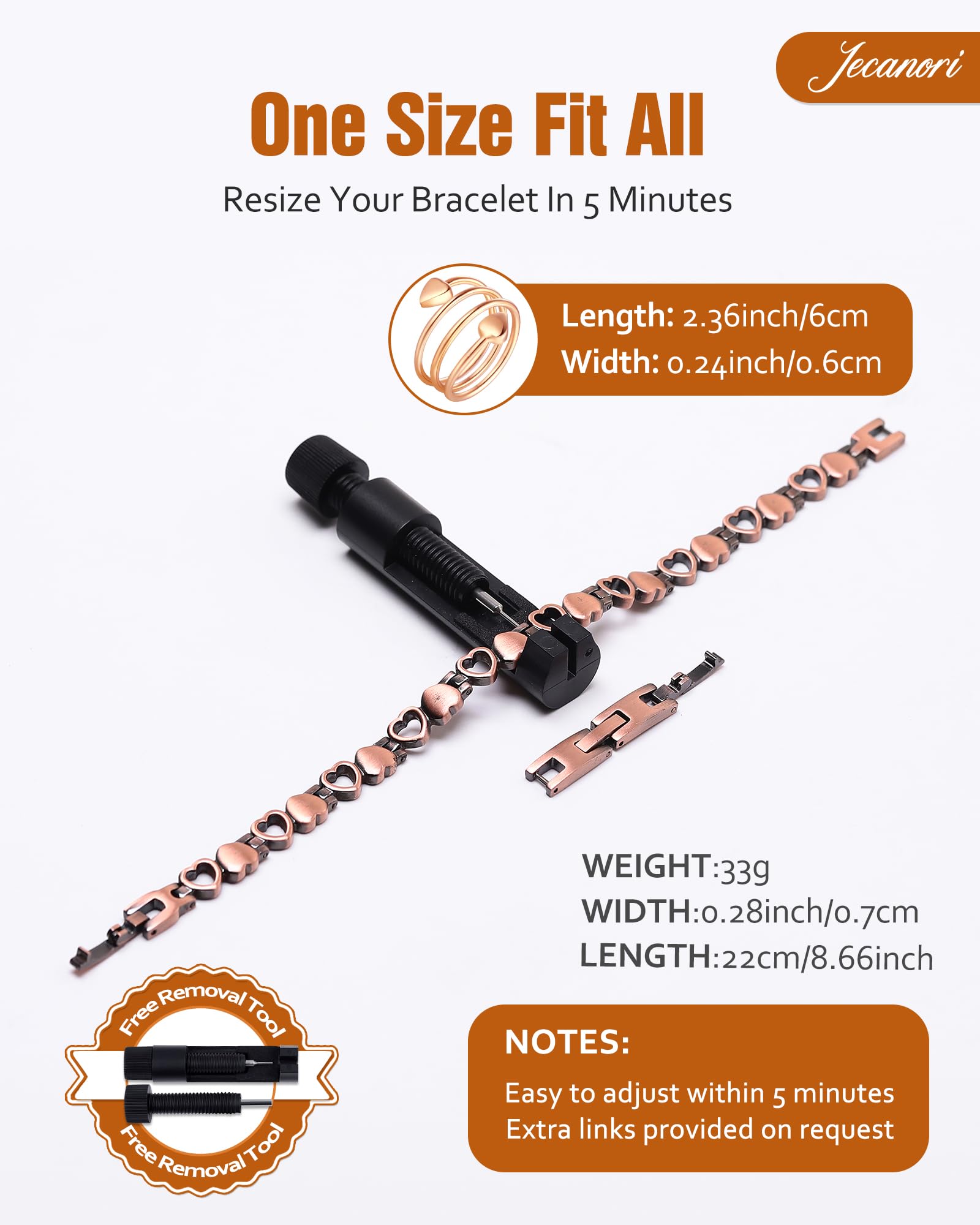 Jecanori Pulsera magnética de cobre puro 99,99% para mujer, ultrafuerte, con caja de regalo y herramienta de extracción