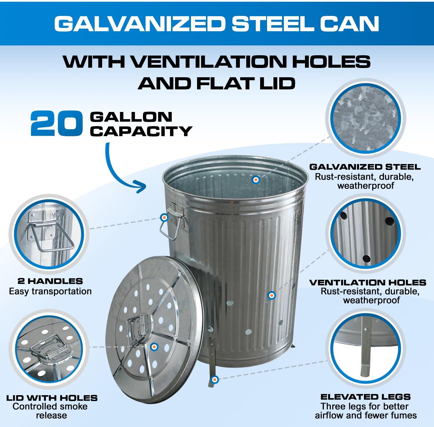 Plexon Incinerator Burn Barrel for Outside for Burning Trash Leaf - Metal Burn Can Cage Bin Container - Fire Can Paper Burner Outdoor, Lid and Ventilation Holes, Galvanized Steel, 20 Gallon